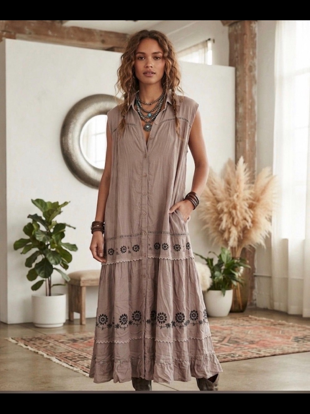 Easel Sleeveless Taupe Boho Dress with Floral Embroidery